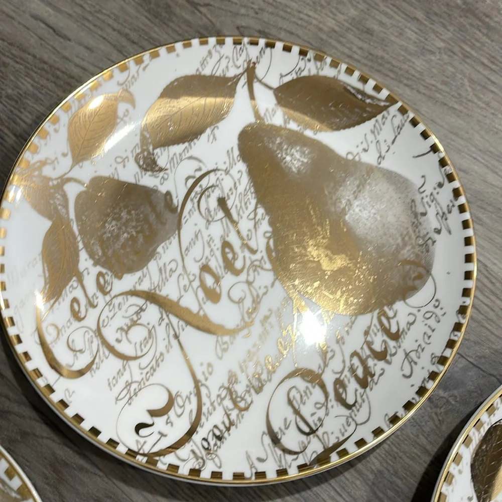 Restoration Hardware Christmas 8”Plates Holiday Gold Pear Noel Peace Set